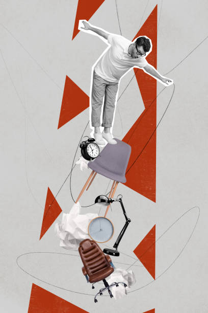 istock Vertical collage poster black white filter stressful depressed upset young man try keep balance over hard work unusual colorful banner 2191177736