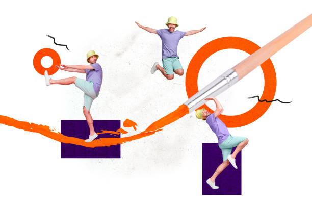 istock Creative 3d photo collage young guy artist talent in impressionism style paint brush drawing orange color isolated on white background 2191177807