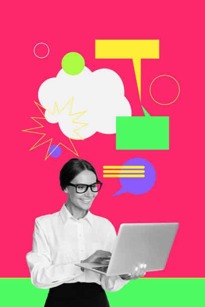 istock Bright image artwork collage of charming lady chatting social media app website site empty space isolated on painted background 2191179593