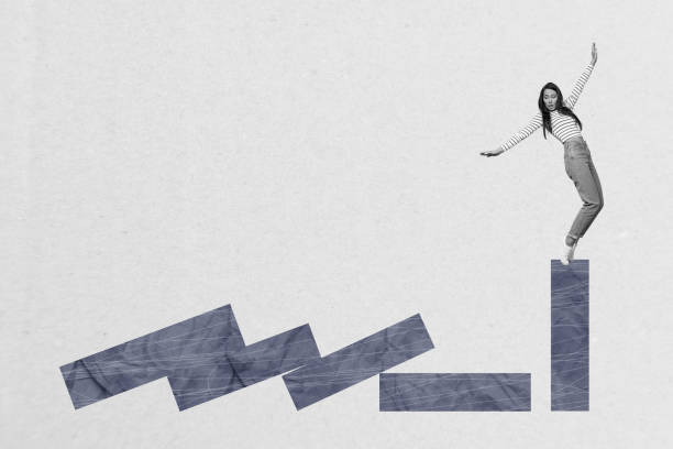 istock Collage creative poster monochrome effect excited scary smile young woman keep balance graphic analysis colorful background 2191179610