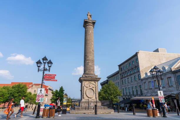 Nelson Monument (Nelson's Column) in Place Jacques-Cartier, Old Montreal. Montreal, Quebec, Canada - August 5 2021 : Nelson Monument (Nelson's Column) in Place Jacques-Cartier, Old Montreal. place jacques cartier stock pictures, royalty-free photos & images