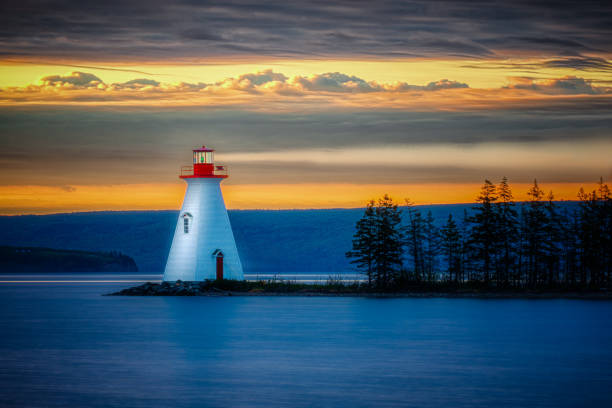 This image features a lighthouse on a calm coastline during sunrise. The scene is characterized by vibrant colors in the sky and water, with surrounding trees adding depth to the landscape. The lighthouse serves as a focal point, conveying a sense of tranquility and stability.