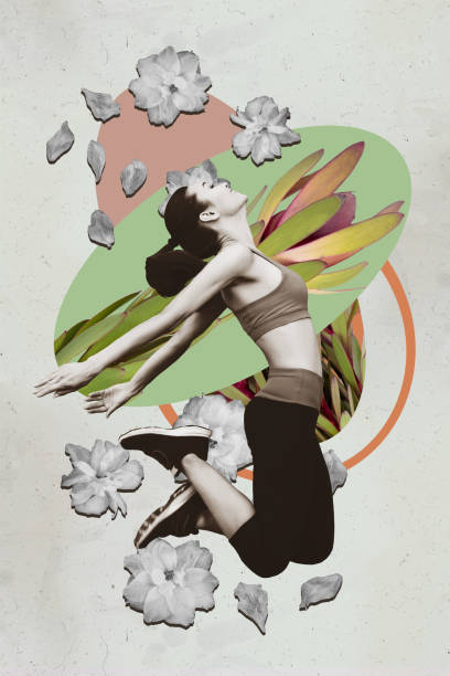 istock Vertical collage image illustration black white effect sportive young lady practice meditation jump flower fly unusual white background 2191181081