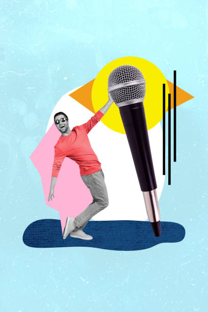 istock Vertical creative photo collage of miniature cheerful guy hold giant microphone going to sing song at party karaoke on abstract background 2191182110
