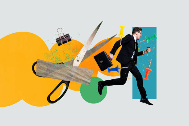 istock Collage creative illustration poster serious hurry speed young man fast run jump thumbtack scissors large exclusive colorful background 2191182412