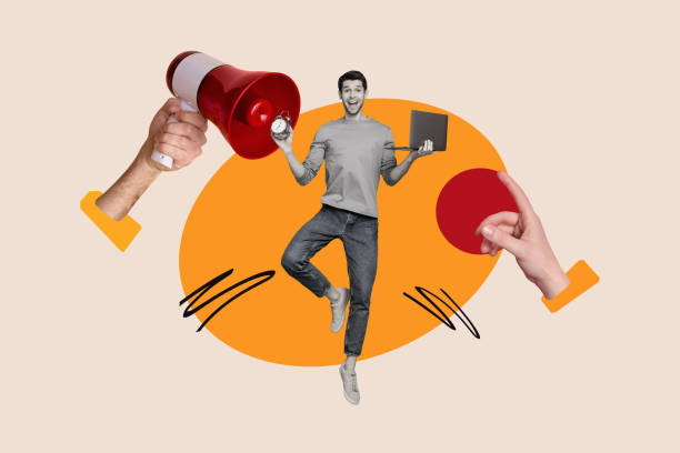istock Collage creative poster black white filter multitasker happy enjoy young man worker gadget laptop time megaphone noise colorful template 2191183266