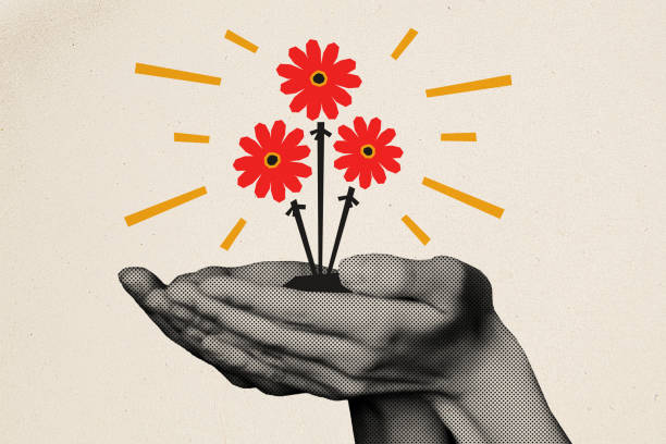 Horizontal creative artwork collage image of black white colors hands hold beautiful red painted flowers isolated on beige background