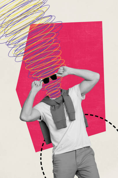 istock Vertical collage creative poster monochrome effect cool stylish sunglass headless man pose doodle sketch drawing exclusive template 2191184448