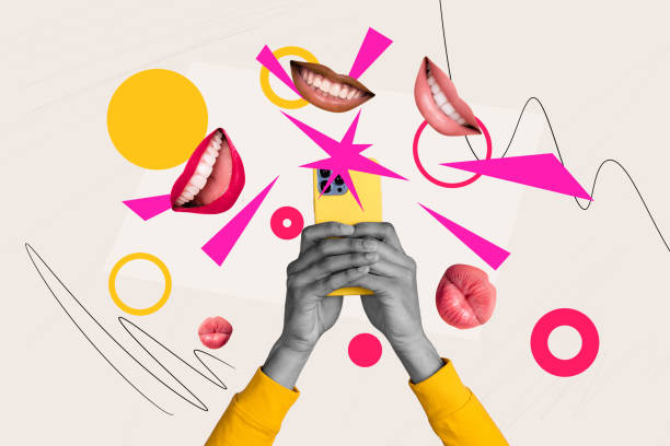 istock Collage creative poster black white filter human hand hold smartphone element abstract mouth laugh smile kiss doodle unusual template 2191184462