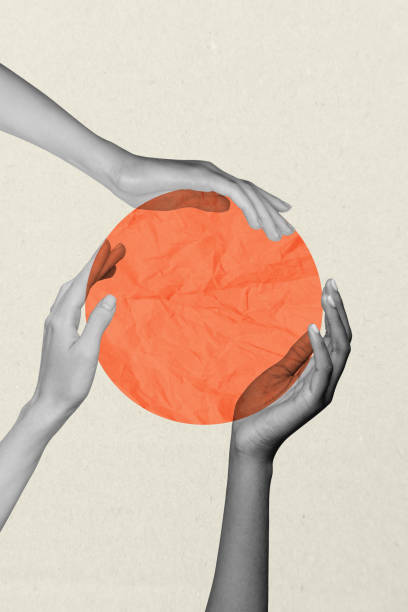 istock Vertical collage picture illustration monochrome effect hand hold big sphere tenderness touch power teamwork friends white background 2191186383