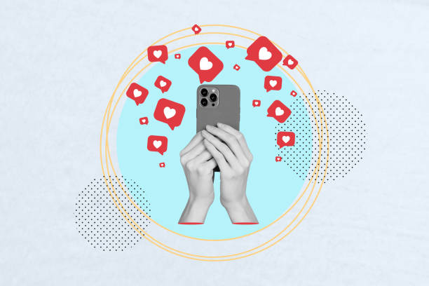 istock Collage creative poster monochrome effect hand hold smartphone social media network app popular follow like exclusive white background 2191186386