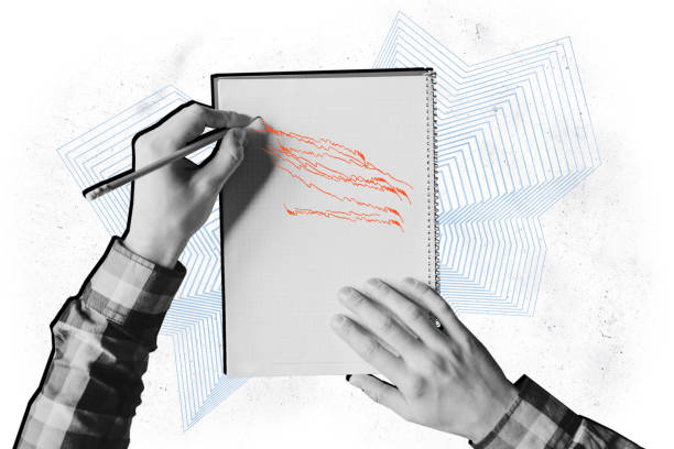 istock Collage creative poster black white filter caricature human hands write paint sketch copybook left arm exclusive template white background 2191186410