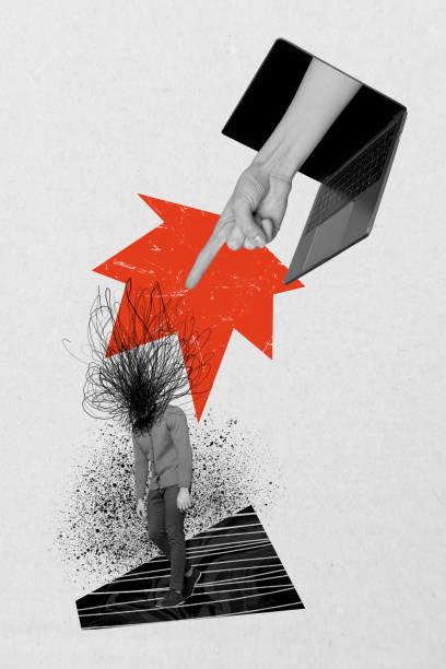 istock Vertical collage picture illustration monochrome effect gadget computer hand point bullying man headless walk sadness abstract template 2191186411