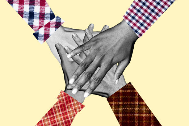 istock Horizontal photo collage view from above people fold stack their hands concept of unity and support team work isolated on beige background 2191186448