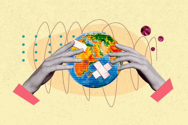 istock Horizontal collage creative poster two hands hold take care of planet support plaster ecological problem activism on abstract background 2191186466