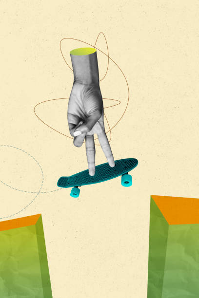 Vertical collage picture illustration monochrome effect hand gesture show two fingers ride skateboard trampoline extreme jump banner