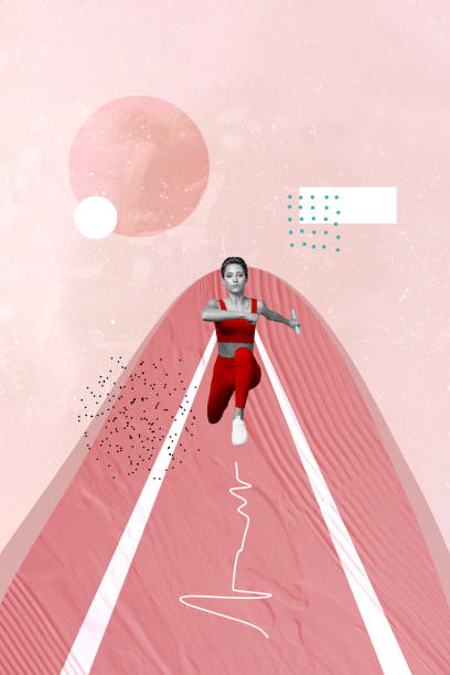 istock Vertical collage creative picture monochrome effect sportive fast young woman runner path doodle exclusive pink background 2191187041