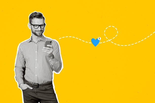 Creative collage illustration young standing man hold smartphone follower subscribe notification heart icon receive popular happy smile