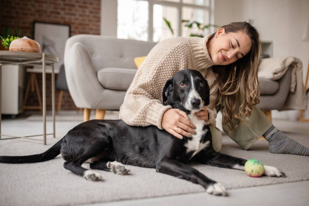 istock Woman lovingly caresses dog on patterned carpet indoors. 2191188707