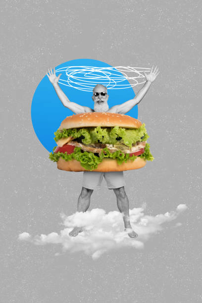 Vertical collage creative picture image monochrome effect excited happy funny old man raised hand hamburger gigantic empty background