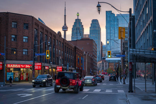 The Toronto skyline skyscrapers and CN tower from the highway, Ontario, Canada