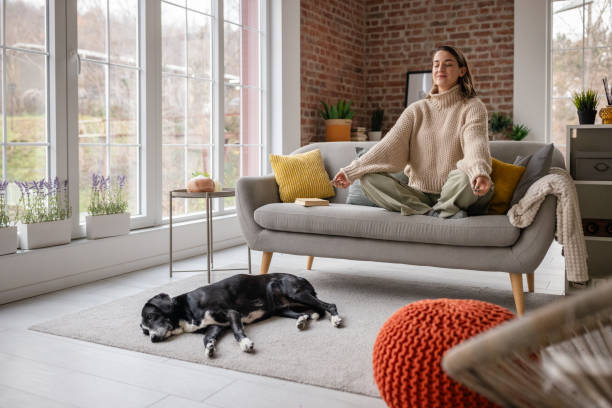 istock Meditative woman and sleeping dog in bright room. 2191189665