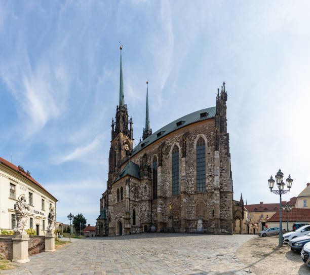 Clock tower of the old city hall in Brno against blue sky. Low angle view. Czech Republic