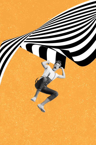 istock Vertical collage picture illustration black white effect shocked scary young man fall down exclusive colorful striped orange background 2191190443