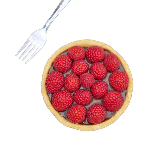 istock raspberry chocolate tart (beautiful fresh fruit berry dark cocoa sauce cake) red berries sweet cafe cut out isolated on white background 2191190697