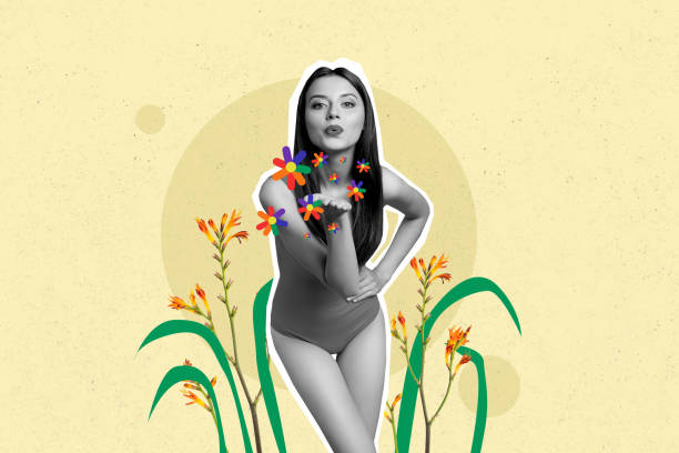 istock Collage creative poster black white effect beautiful charm tenderness young lady pose model blow kiss flower exclusive colorful banner 2191190972