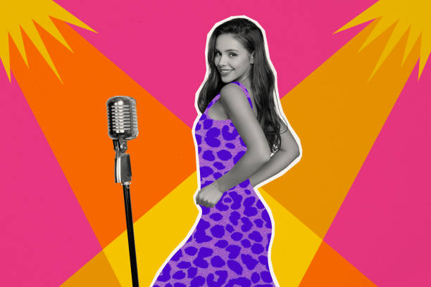istock Horizontal creative artwork collage photo with beautiful lady sing into microphone at karaoke bar leisure entertainment in drawing dress 2191191693
