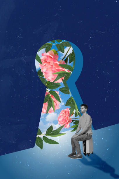 istock Vertical collage creative illustration image monochrome effect worries serious young man sit valise wait locked flower blue background 2191191980