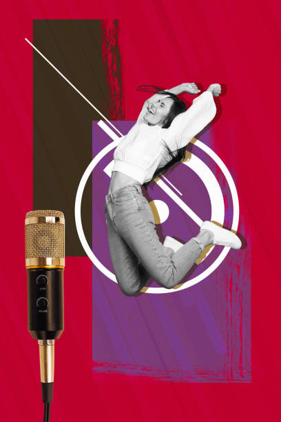 istock Vertical creative photo image dancing young girl overjoyed feeling artist performance singer golden microphone drawing background 2191192217