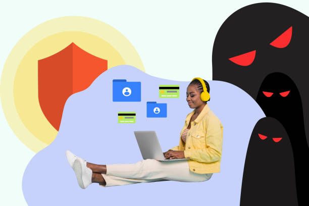 istock Creative collage young sitting girl browsing laptop pc internet web security hackers privacy oversee espionage data protection virus 2191192689