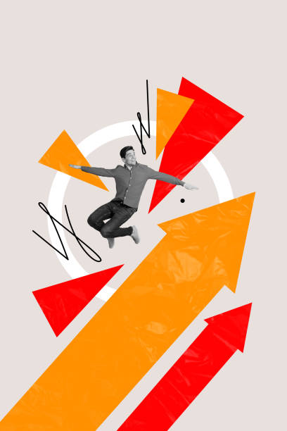 istock Vertical collage creative poster monochrome effect excited happy joyful young man growth colorful arrow work white background 2191192960