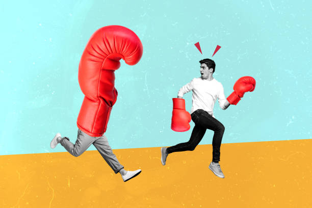 Collage artwork image of afraid scared man escaping weird strong boxer faceless body silhouette isolated on creative background