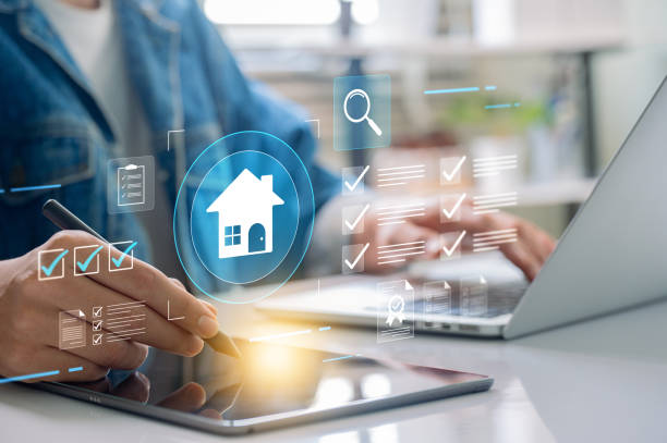 istock Real estate management. using a tablet to manage real estate tasks with interactive digital checklists, housing icons, and investment tools for efficient property management and project organization. 2191193187