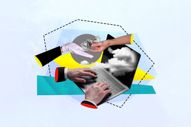 istock Collage creative poster illustration caricature human hands type computer corruption give take money banknote white background 2191193277