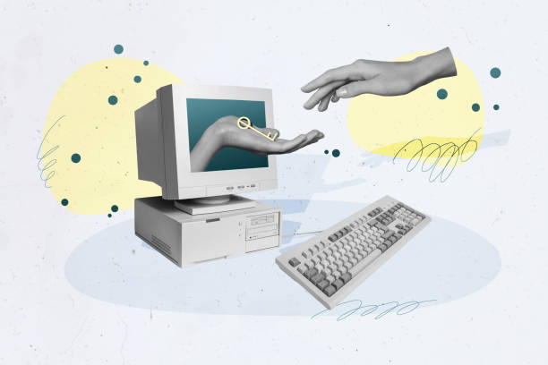 istock Creative photo artwork collage of human arms share password key cybersecurity protection computer isolated on gray color background 2191193415