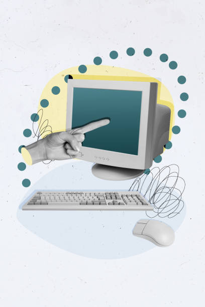 istock Vertical collage image of black white effect arm point finger old vintage pc screen keyboard mouse isolated on drawing background 2191193425