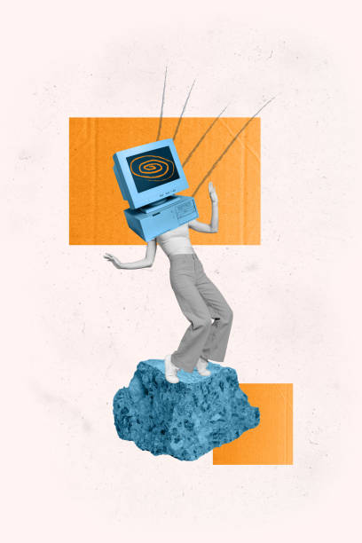 istock Vertical collage creative illustration monochrome effect caricature headless monitor computer retro pose stand rock unusual template 2191193503