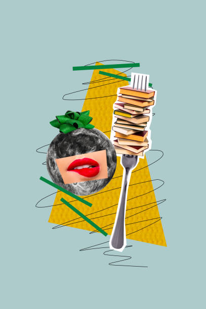 istock Collage artwork graphics picture of sext lady lips eating fork book pile stack isolated painting background 2191194718