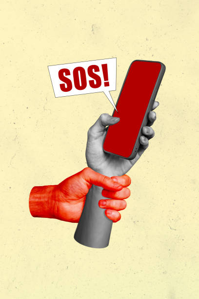 Collage image of human hand hold modern device reading sms sos help dangerous situation problem trouble mistake