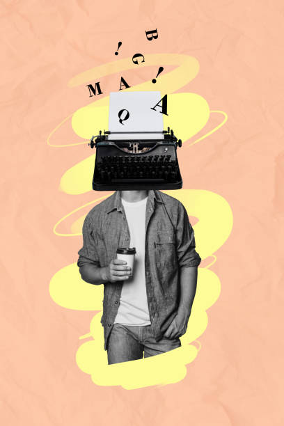 istock Vertical collage poster young headless man typing oldschool machine instead head journalism writer storyteller screenwriter concept 2191194775