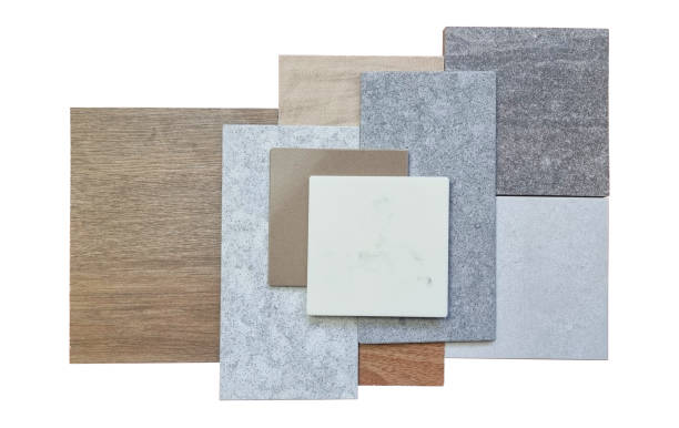 istock The image showcases a collection of various material samples arranged in a visually appealing composition, including wood tiles, stone tiles. 2191194795