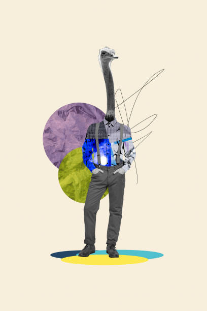 Vertical creative collage picture illustration monochrome effect ostrich mask caricature doodle sketch colorful figure beige template