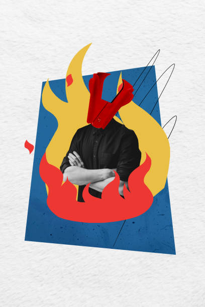 istock Vertical collage poster illustration black white filter headless anti stapler man stand fire cross hand exclusive colorful white background 2191194905