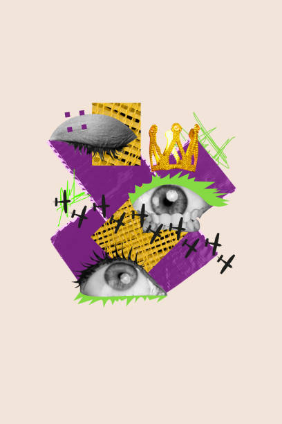 istock Vertical image banner collage separated face fragments parts eyes vision espionage observe oversee weird freak concept colored background 2191194939