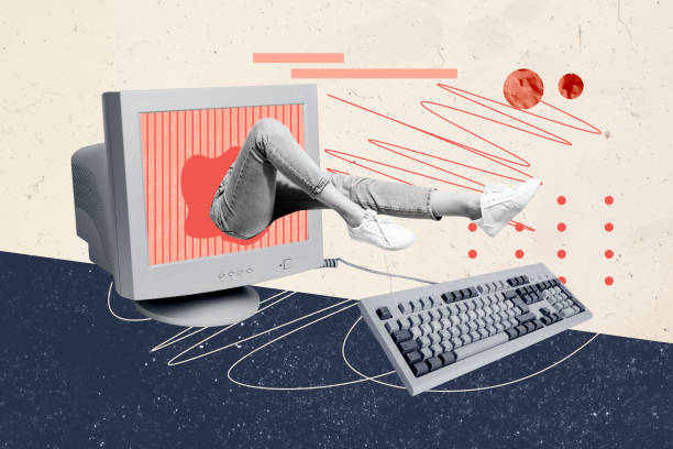 istock Abstract collage of female legs inside computer display with keyboard addicted gamer cant stop playing isolated on beige color background 2191194987