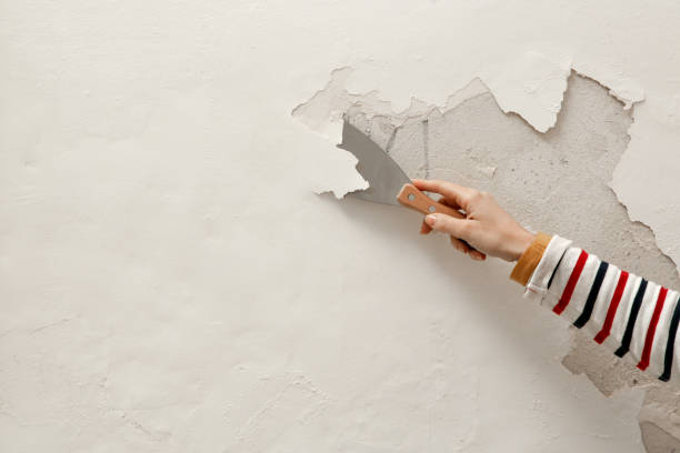 istock Saltpeter or mold on the wall problem. Woman is using a scraper to scrape and remove all loose paint and plaster that is in poor condition, until a firm surface is achieved. 2191195704